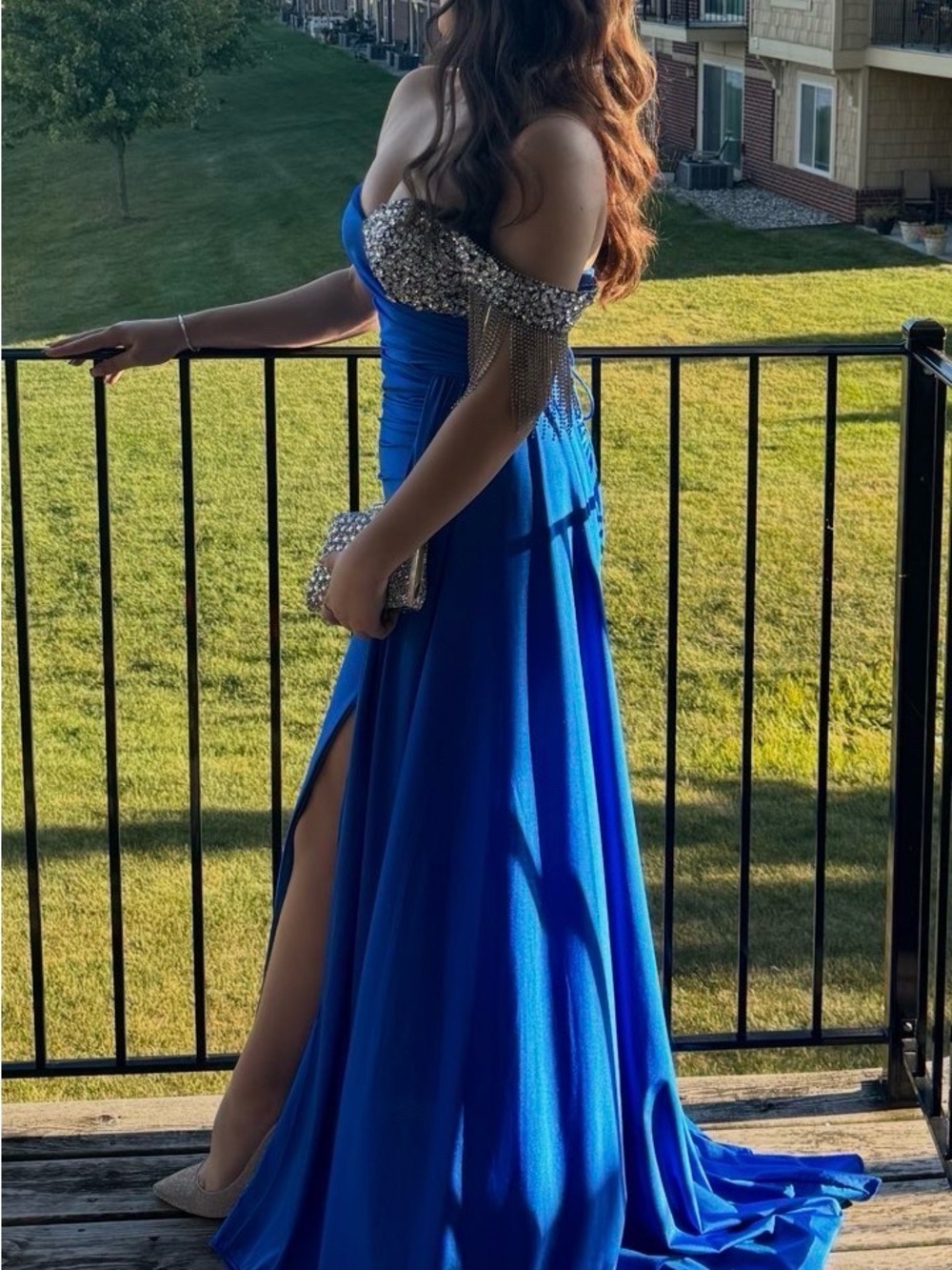 Elegant Royal Blue Off-Shoulder Evening Gown with Beaded Detail